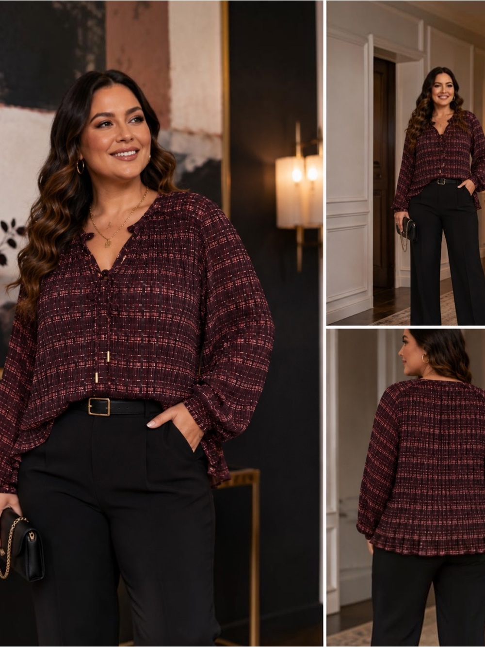 Skies Are Blue Curvy 3X Burgundy Plaid Pleated Peasant Blouse Tie Neck